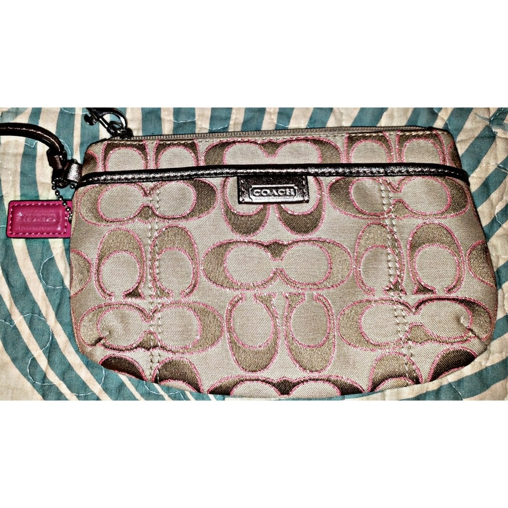 Tan and Pink Canvas Coach Wristlet